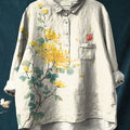 Watercolor Chrysanthemum Art Printed Women's Casual Cotton And Linen Shirt