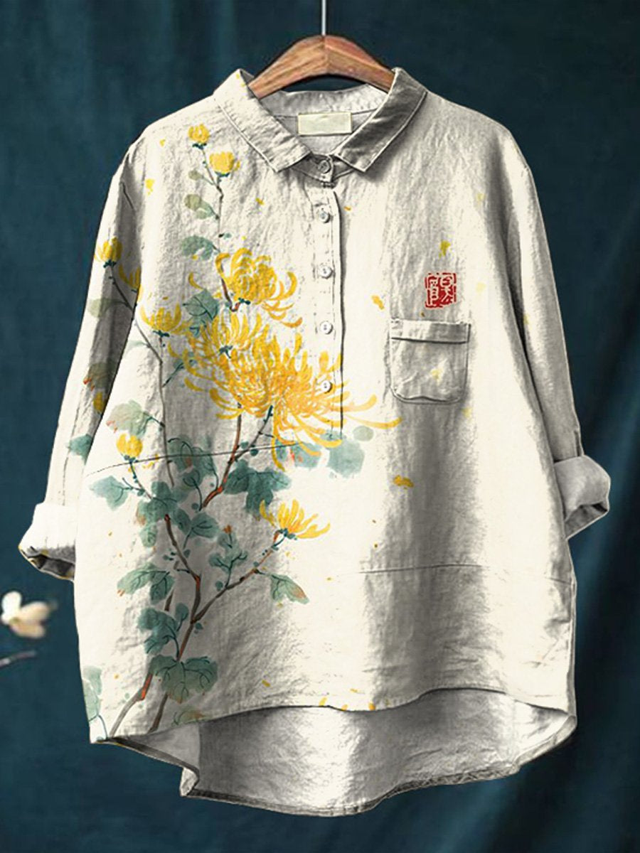 Watercolor Chrysanthemum Art Printed Women's Casual Cotton And Linen Shirt