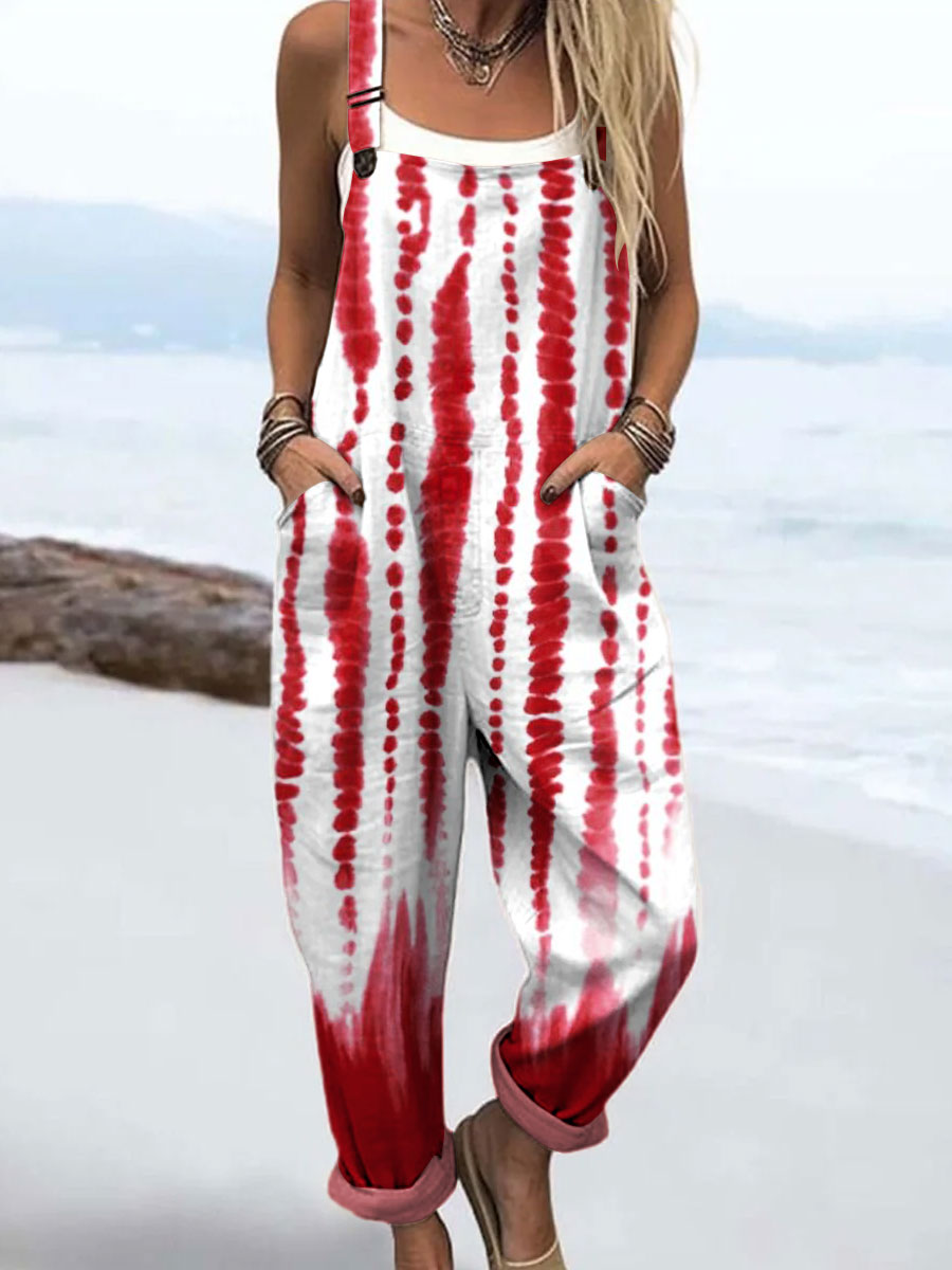 Women's Color Block Line Art Print Casual 100% Cotton Wide Leg Jumpsuit