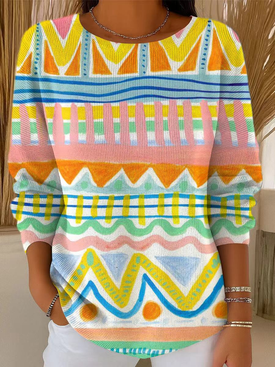 Women's Beautiful Colorful Stripes Graffiti Painting Art Print Casual Pullover Sweater