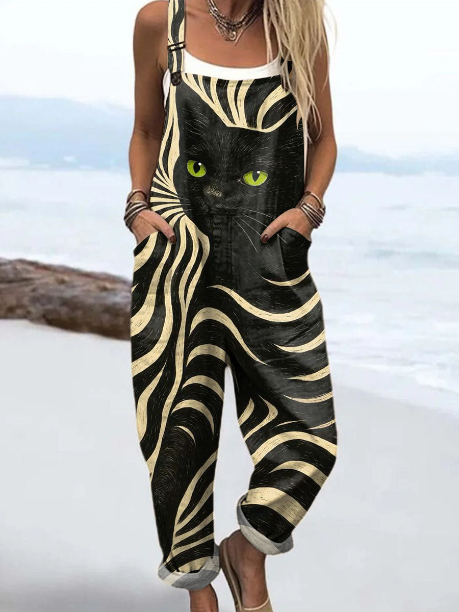 Women's Abstract Cat Pattern Art Print Casual 100% Cotton Wide Leg Jumpsuit