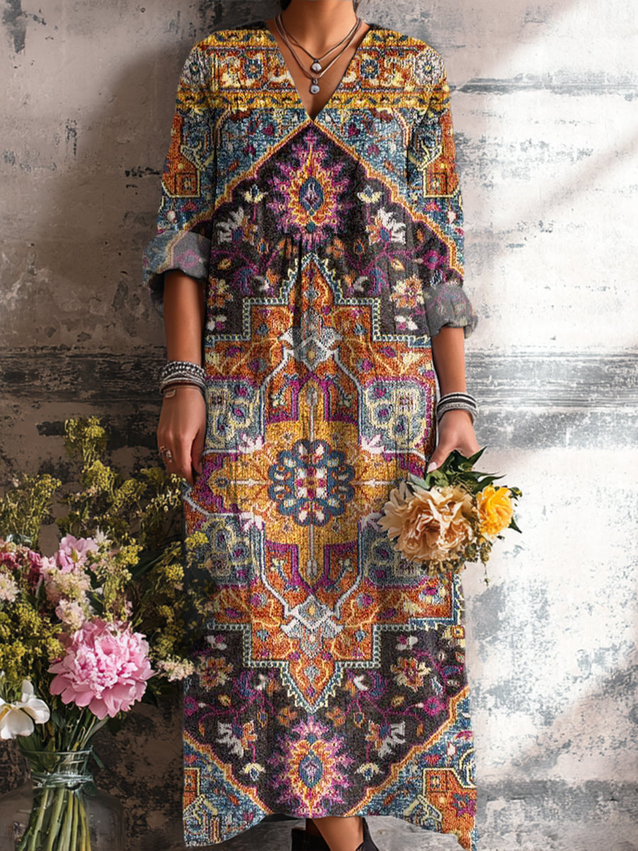 Women's Vintage Ethnic Diamond Geometric Pattern Art Print Dress