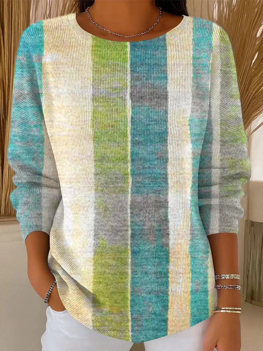Women's Multicolor Striped Painterly Art Print Casual Pullover Sweater