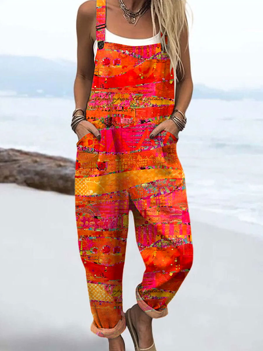 Women's  Vintage Abstract Geometric Art Print Casual 100% Cotton Wide Leg Jumpsuit
