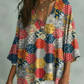 Women's Vintage Floral Art Print Casual Bat Sleeve Denim Shirt