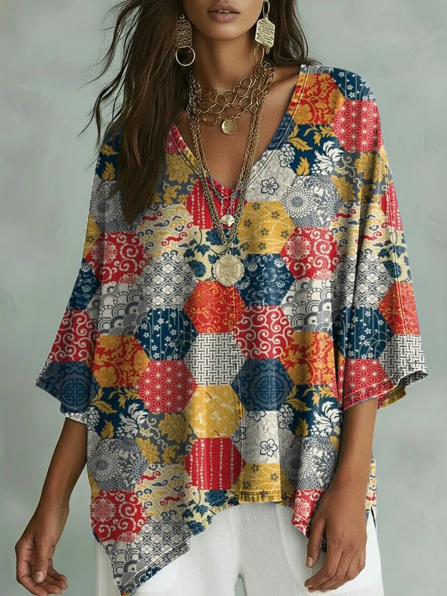 Women's Vintage Floral Art Print Casual Bat Sleeve Denim Shirt