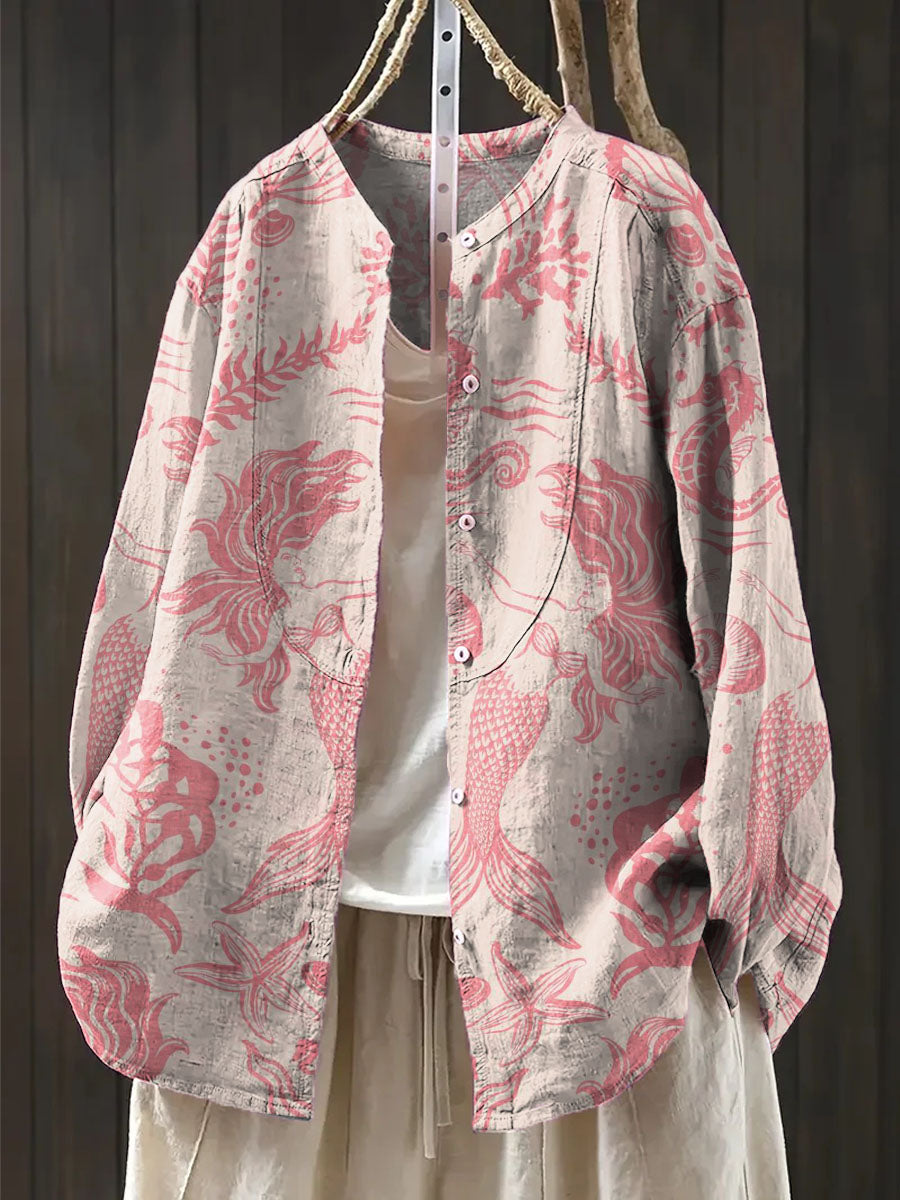 Women's Mermaid Art Print Casual Cotton And Linen Shirt