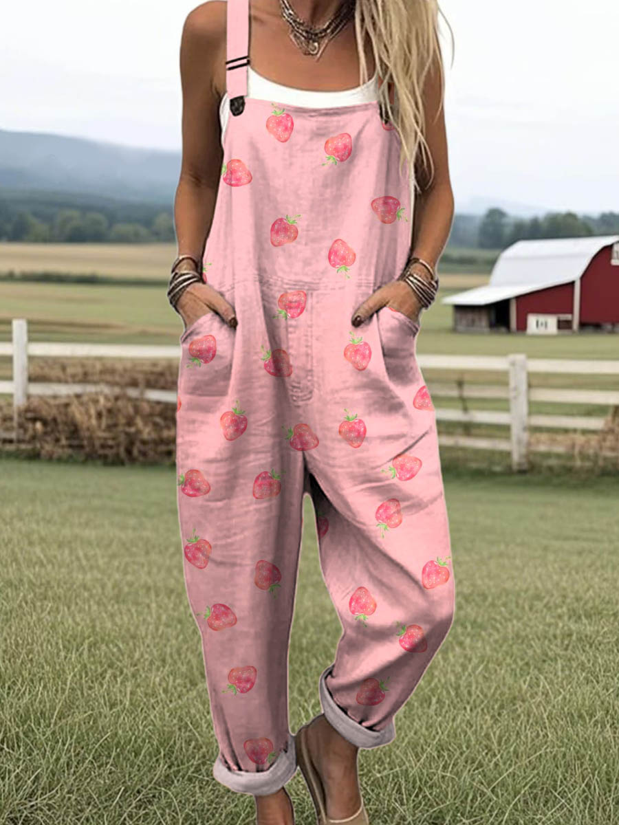 Women's Lovely Strawberry Art Print Casual 100% Cotton Wide Leg Jumpsuit