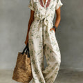 Women's Casual Cotton-linen Jumpsuit With Embroidered Floral Print