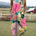 Women's Beautiful Colorful Flower Painting Art Print Casual 100% Cotton Wide Leg Jumpsuit