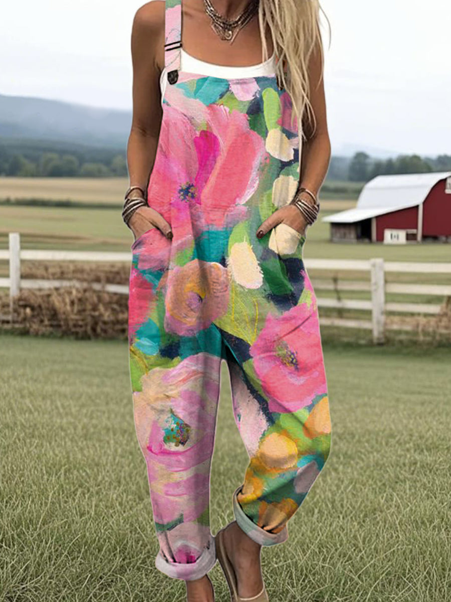 Women's Beautiful Colorful Flower Painting Art Print Casual 100% Cotton Wide Leg Jumpsuit