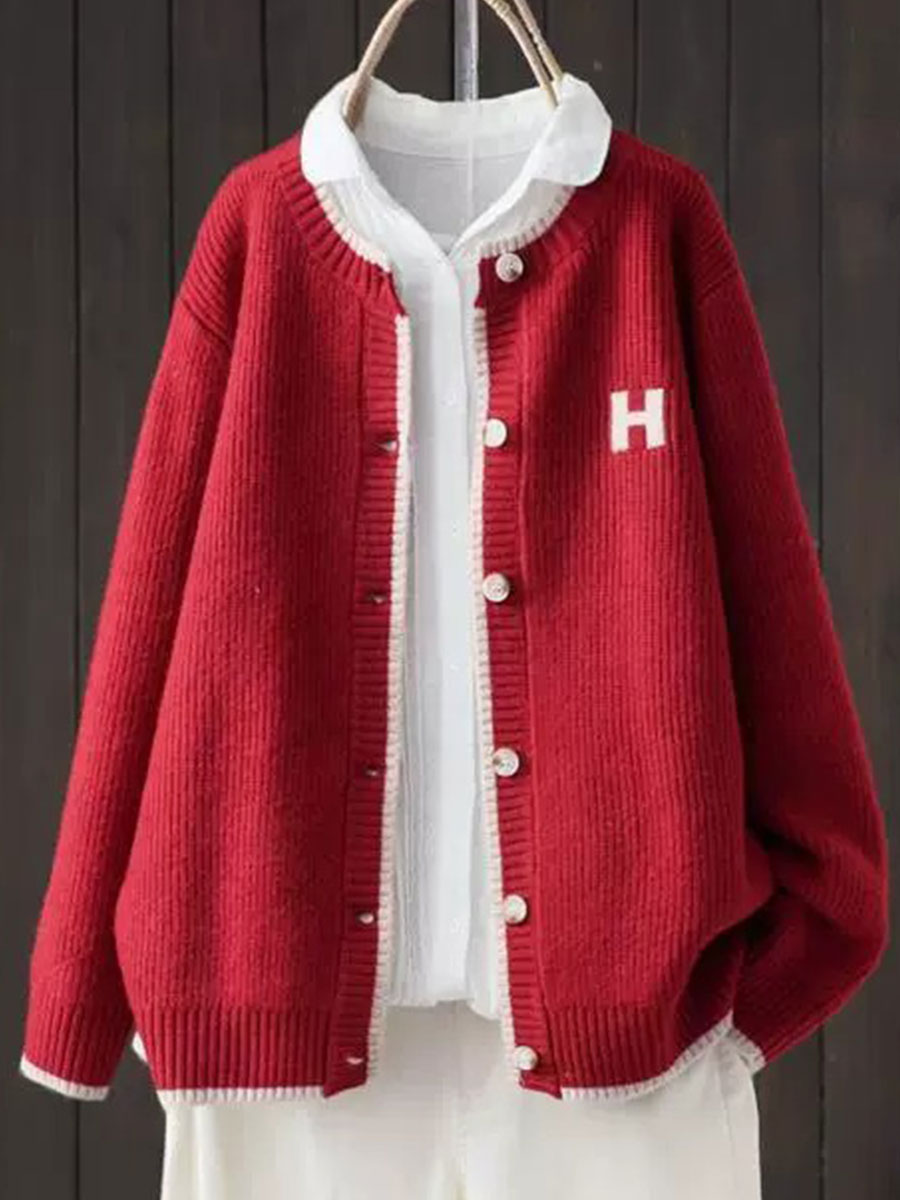 Women's Solid Color Round Neck Sweater Knitted Jacket