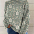 Women's Green Vintage Art Flower Print Knit Turtleneck Pullover Sweater