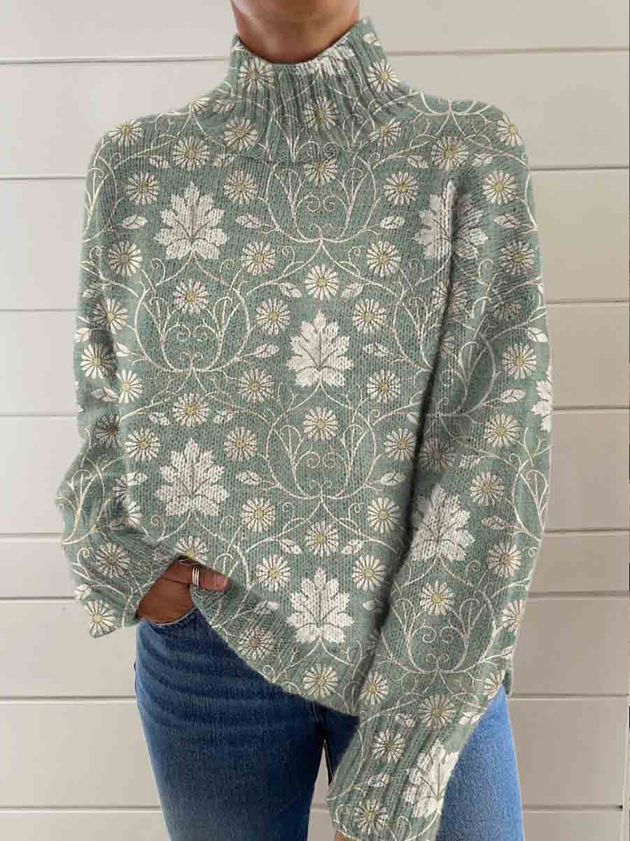 Women's Green Vintage Art Flower Print Knit Turtleneck Pullover Sweater