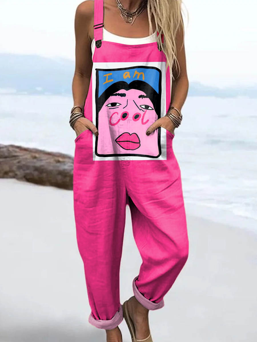 Women's Funny Pattern Art Print Casual 100% Cotton Wide Leg Jumpsuit