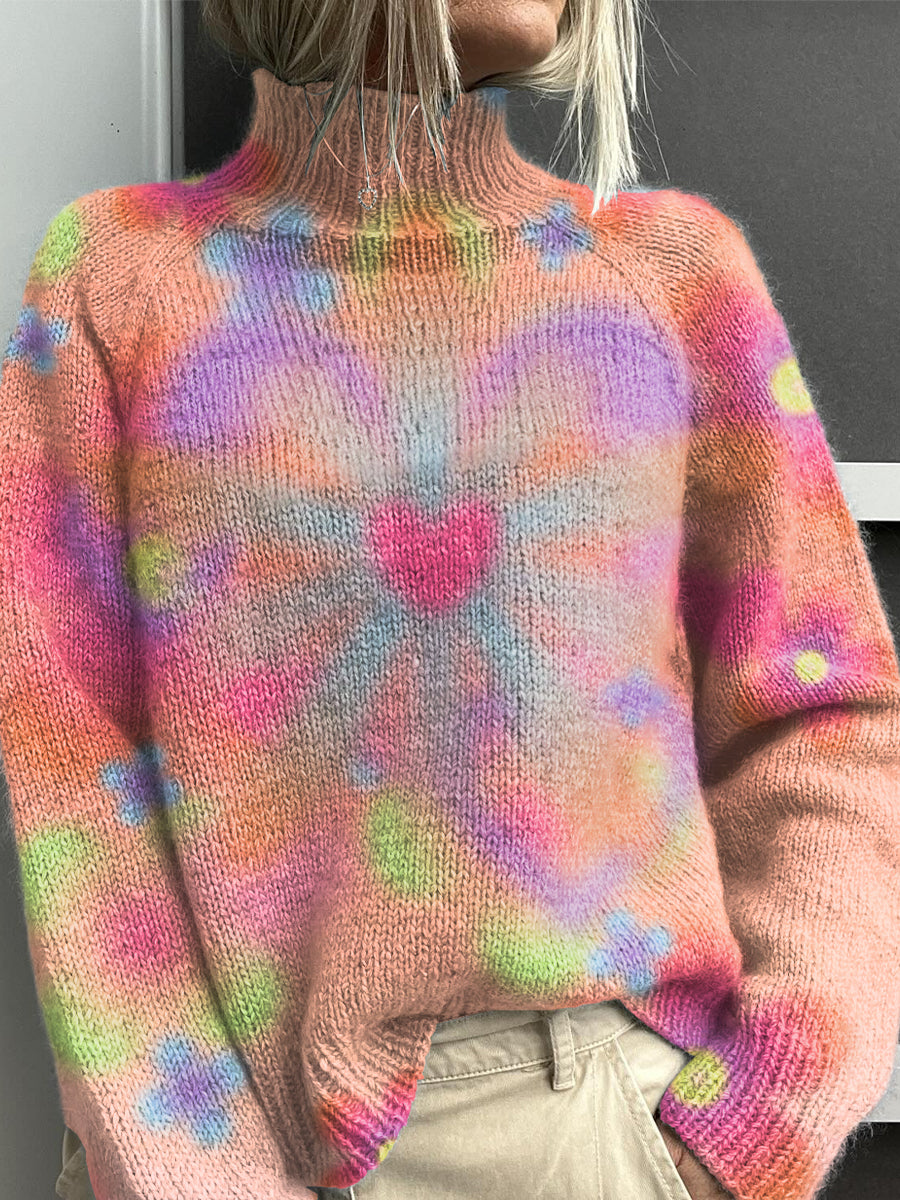 Cute Heart Color Print Knit Turtleneck Pullover Sweater