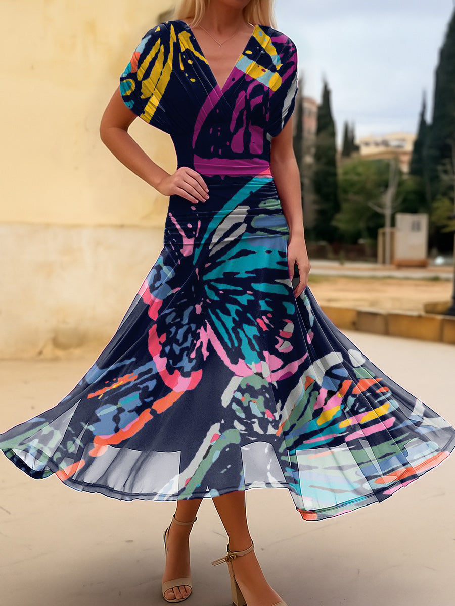 Women's Color Butterfly Print Cotton Dress