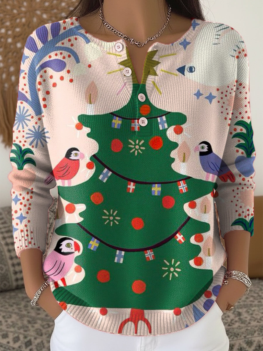 Beautiful Cute Christmas Tree Gift Bird Painting Art Print Buttoned Cardigan Sweater