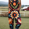 Women's Vintage Floral Art Print Casual 100% Cotton Wide Leg Jumpsuit
