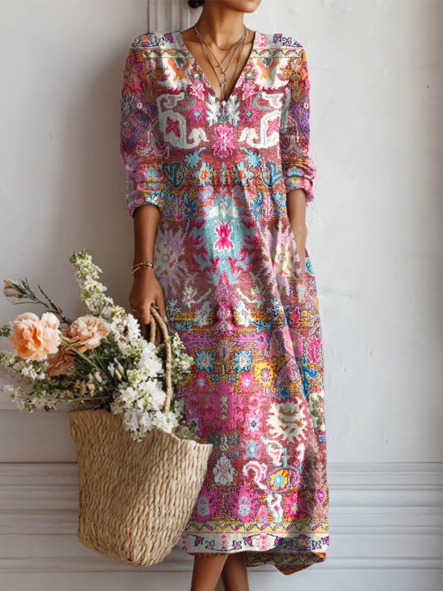 Women's Vintage Floral Art Print Cotton And Linen Pocket Dress