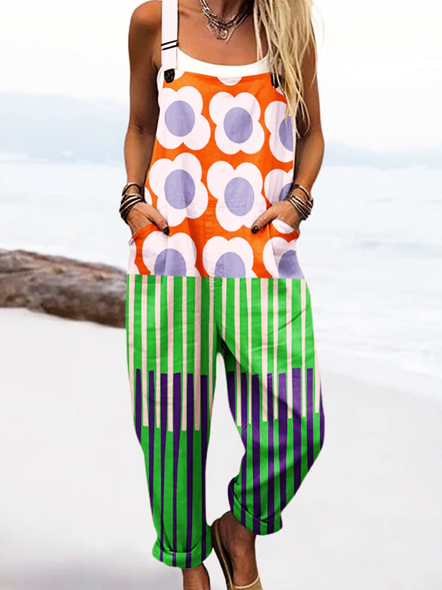 Women's Vintage Abstract Geometric Line Art Print Casual 100% Cotton Wide Leg Jumpsuit