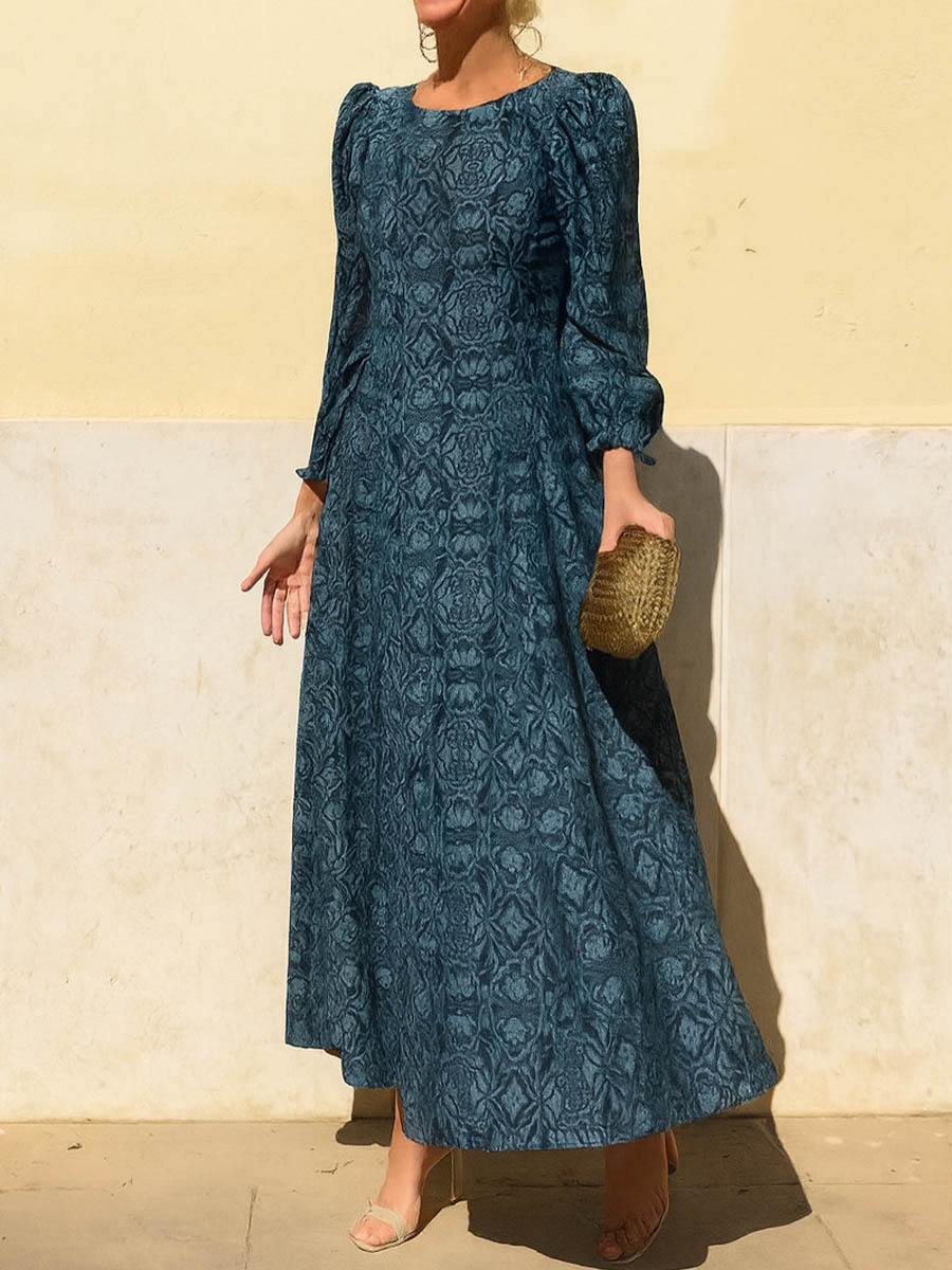 Women's Retro Geometric Pattern Print Round Neck Long Sleeve Casual Loose Dress