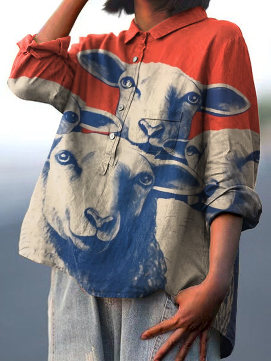 Women's Vintage Hand-Painted Lambs Print Casual Cotton And Linen Shirt