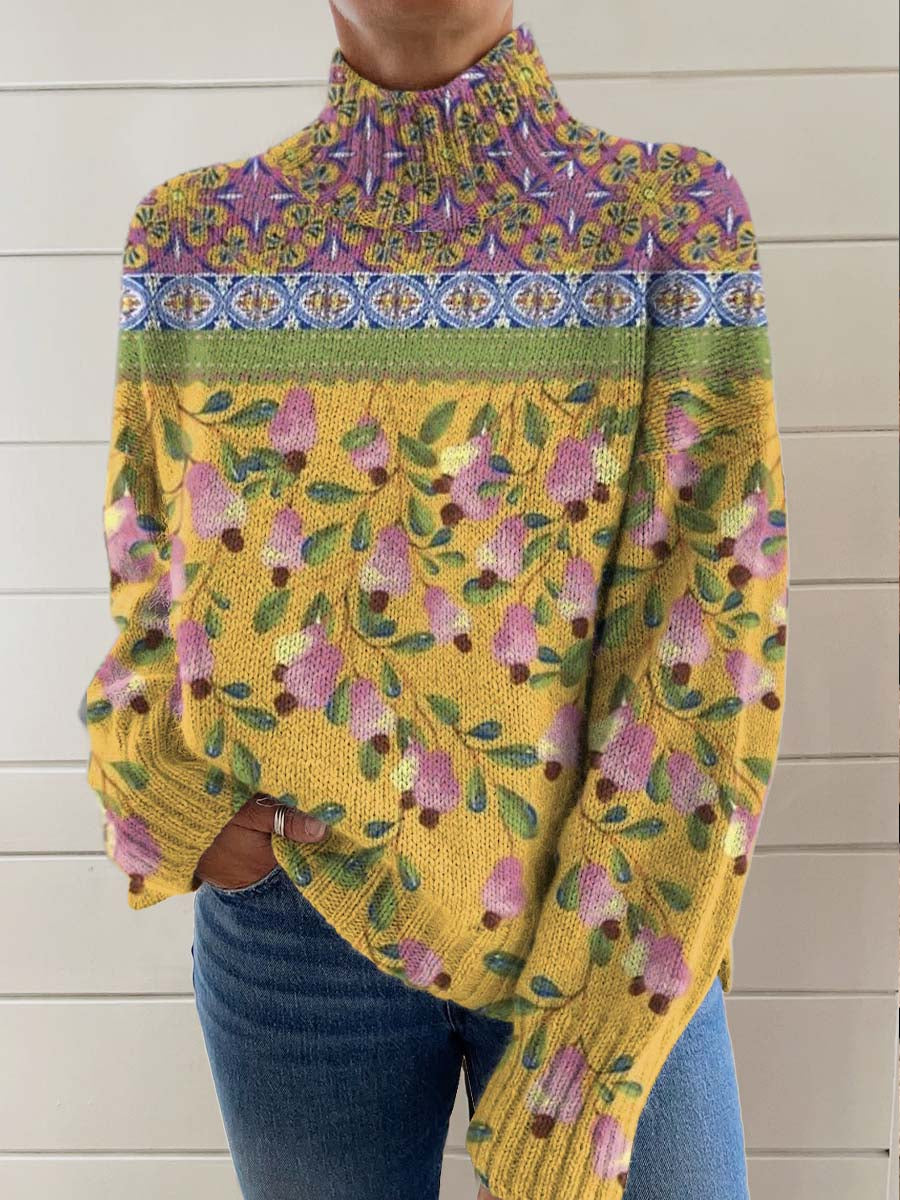 womens-vintage-ethnic-art-flowers-print-knit-turtleneck-pullover-sweater