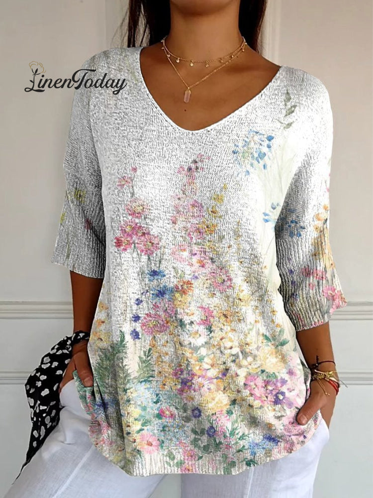 Women's Vintage Botanical Floral Casual Pullover Knit