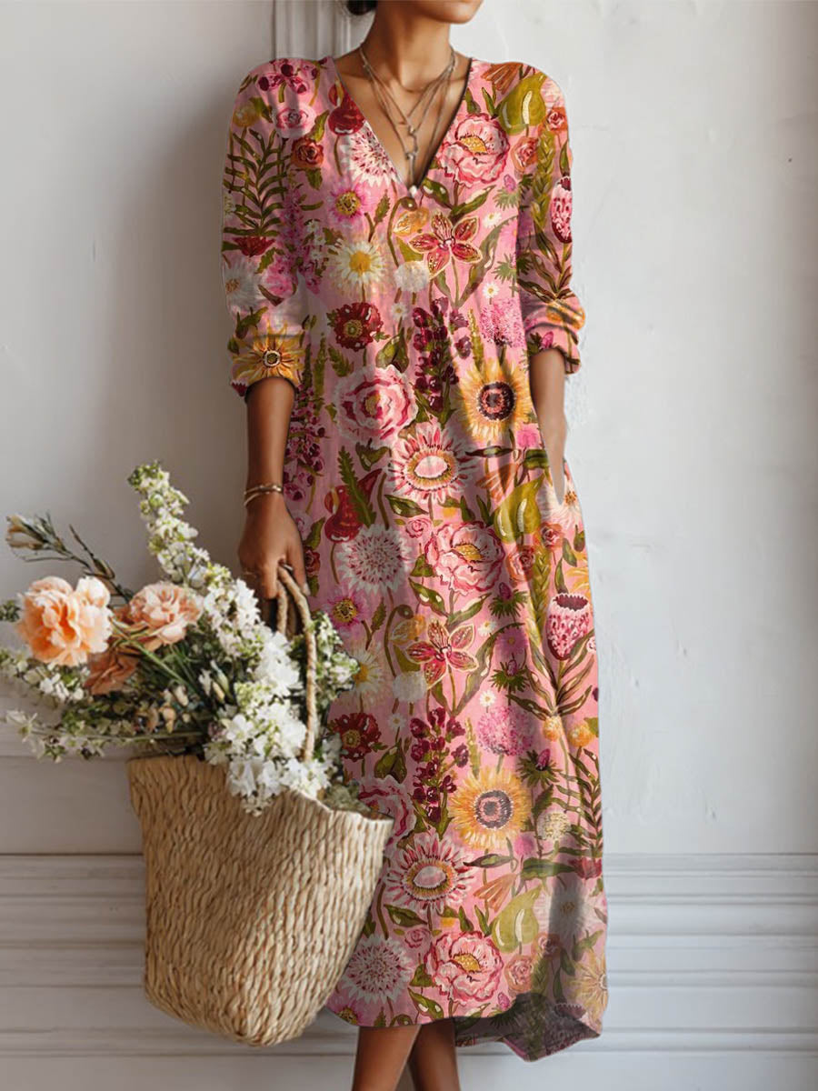 Women's Vintage Floral Art Print Cotton And Linen Pocket Dress