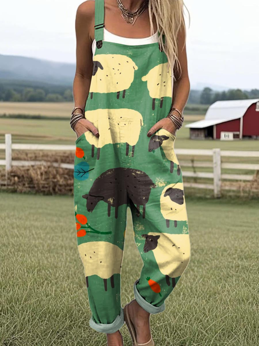 Women's Lovely Sheep Art Print Casual 100% Cotton Wide Leg Jumpsuit