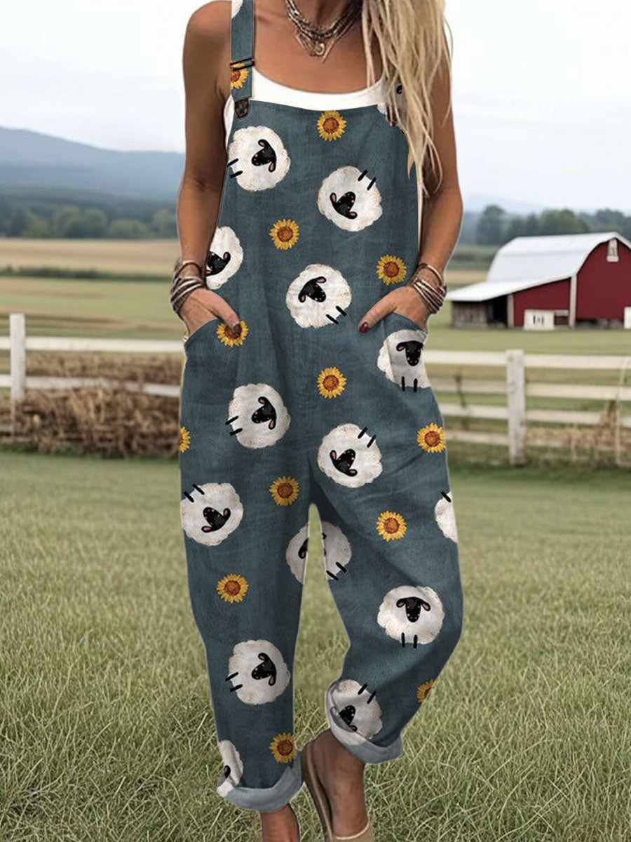 Women's   Funny Sheep Art Print Casual 100% Cotton Wide Leg Jumpsuit