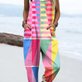 Women's Colorful Art Abstract Geometry Print Casual 100% Cotton Wide Leg Jumpsuit