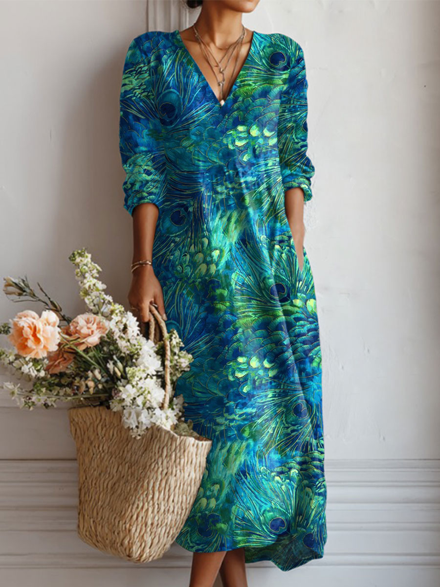 Women's Vintage Gorgeous Peacock Feathers Art Print Linen Pocket Dress