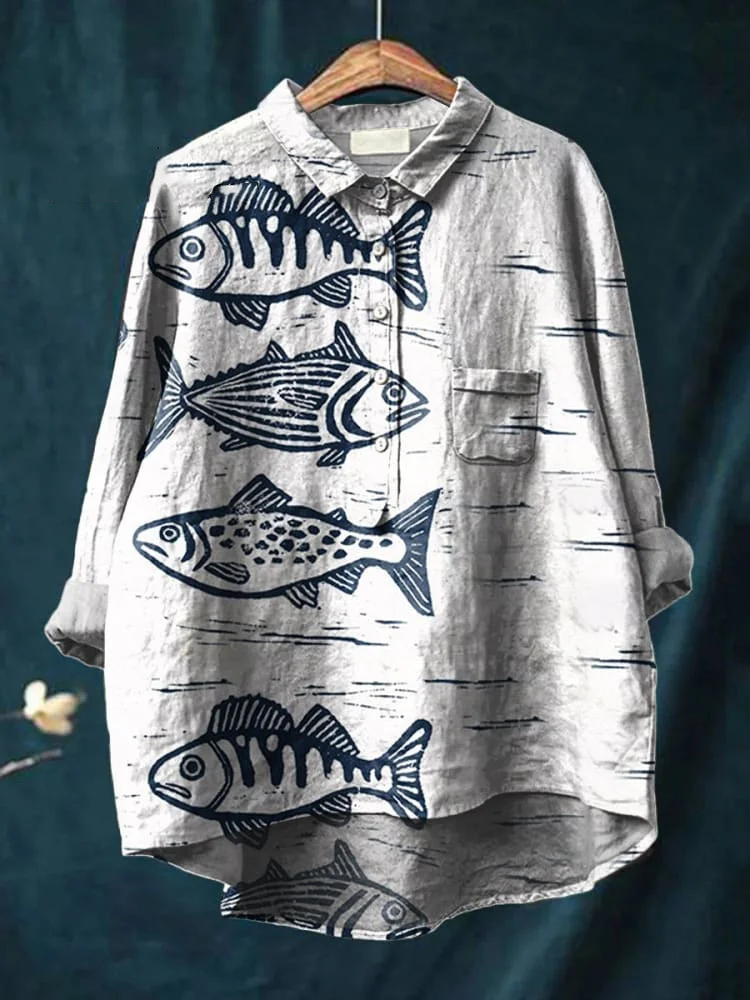Women's Fish  Art Print Casual Cotton And Linen Shirt