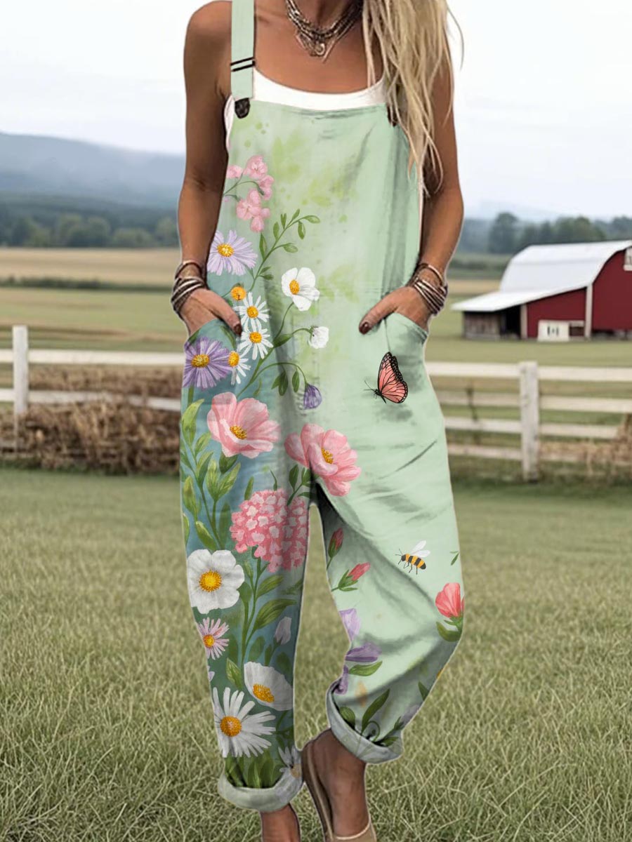 Women's Lovely Floral Butterfly Pattern Art Print Casual 100% Cotton Wide Leg Jumpsuit