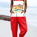 Women's Vintage Fish Art Print Casual 100% Cotton Wide Leg Jumpsuit