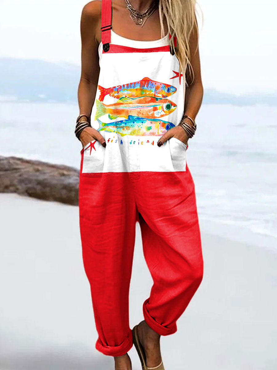 Women's Vintage Fish Art Print Casual 100% Cotton Wide Leg Jumpsuit