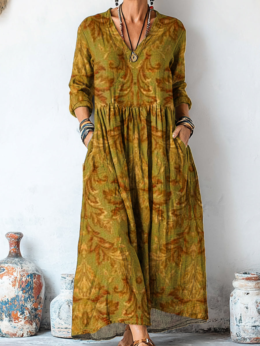 Women's Vintage Ethnic Floral Art Print Linen Pocket Tunic Dress