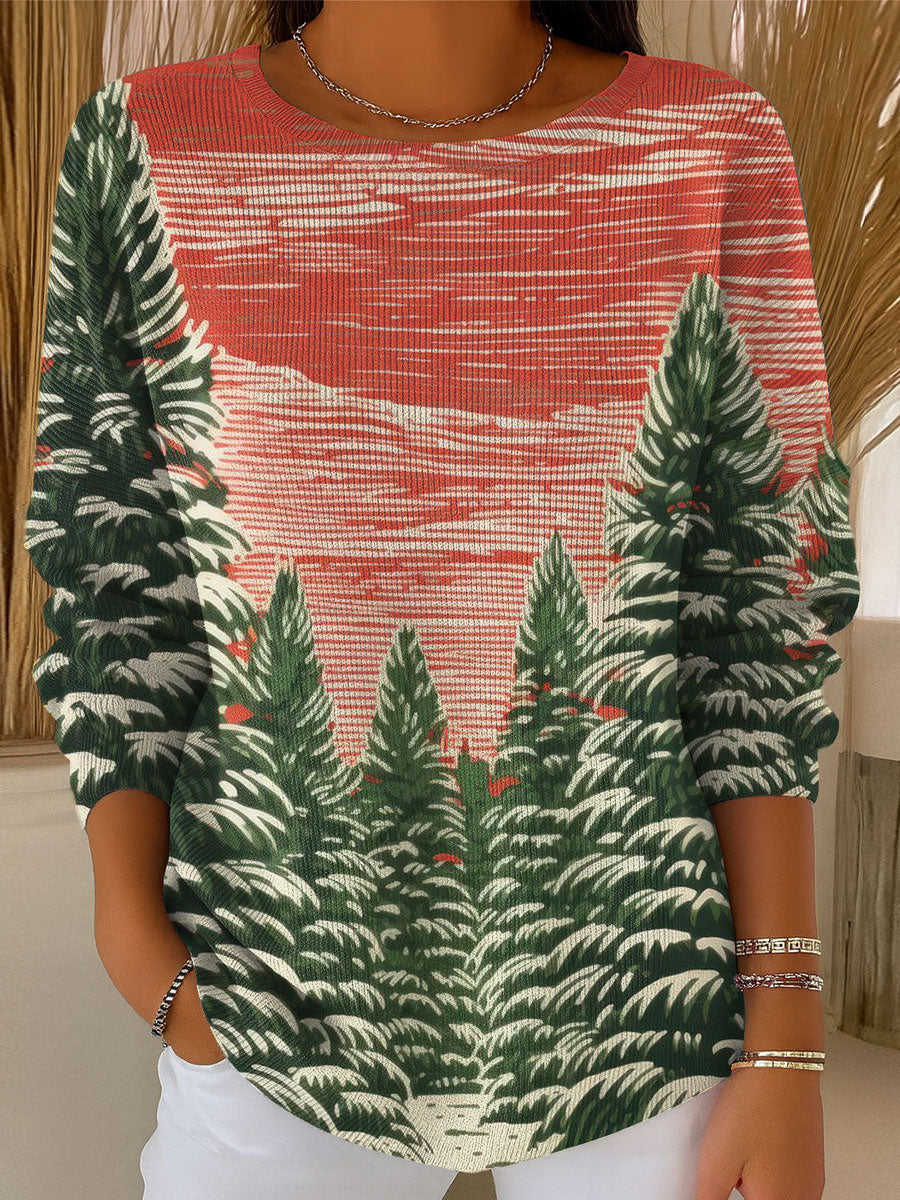 Women's Christmas Tree Art Print Casual Pullover Sweater