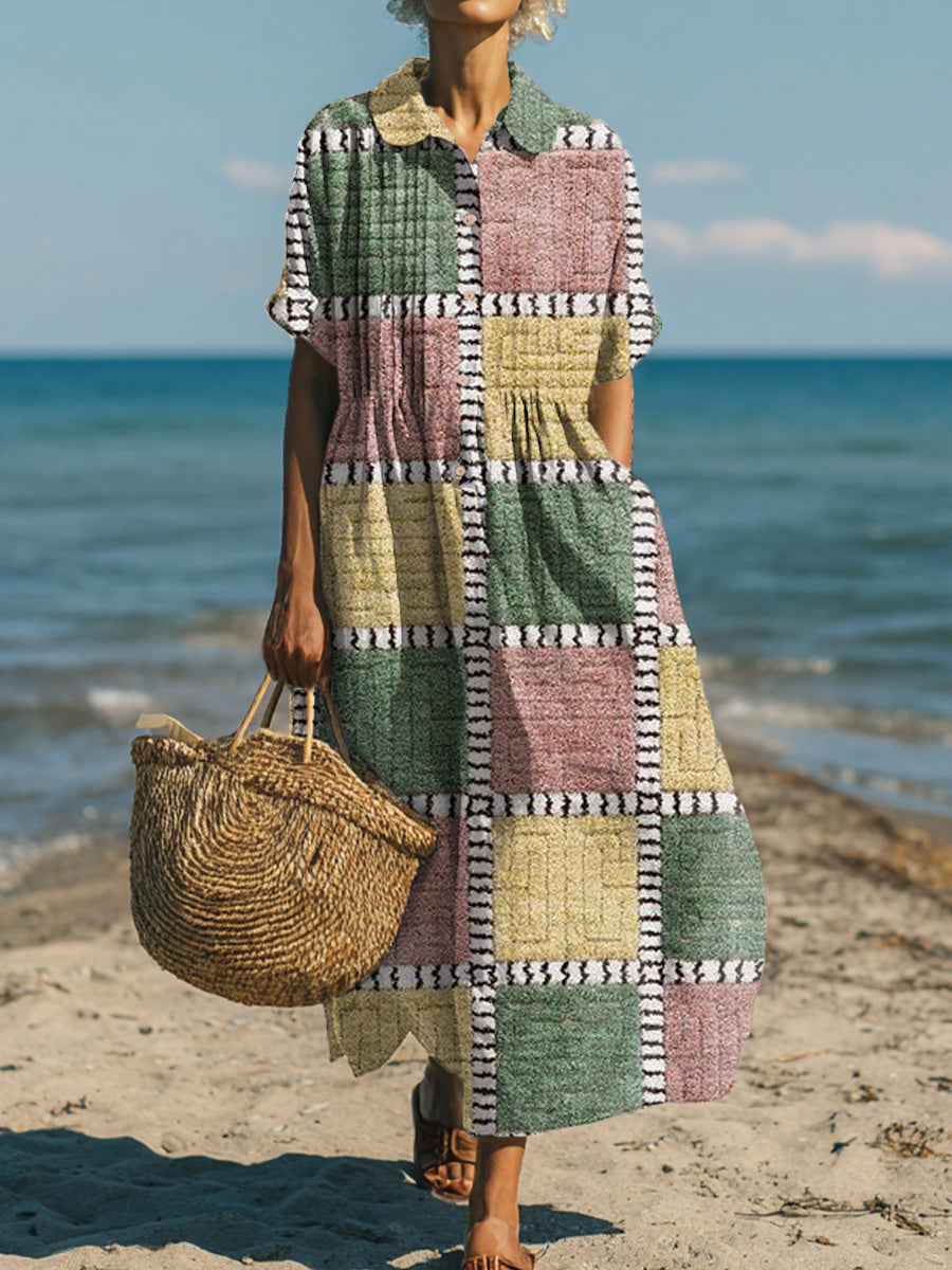 Women's Vintage Abstract Plaid Painting Art Print Dress