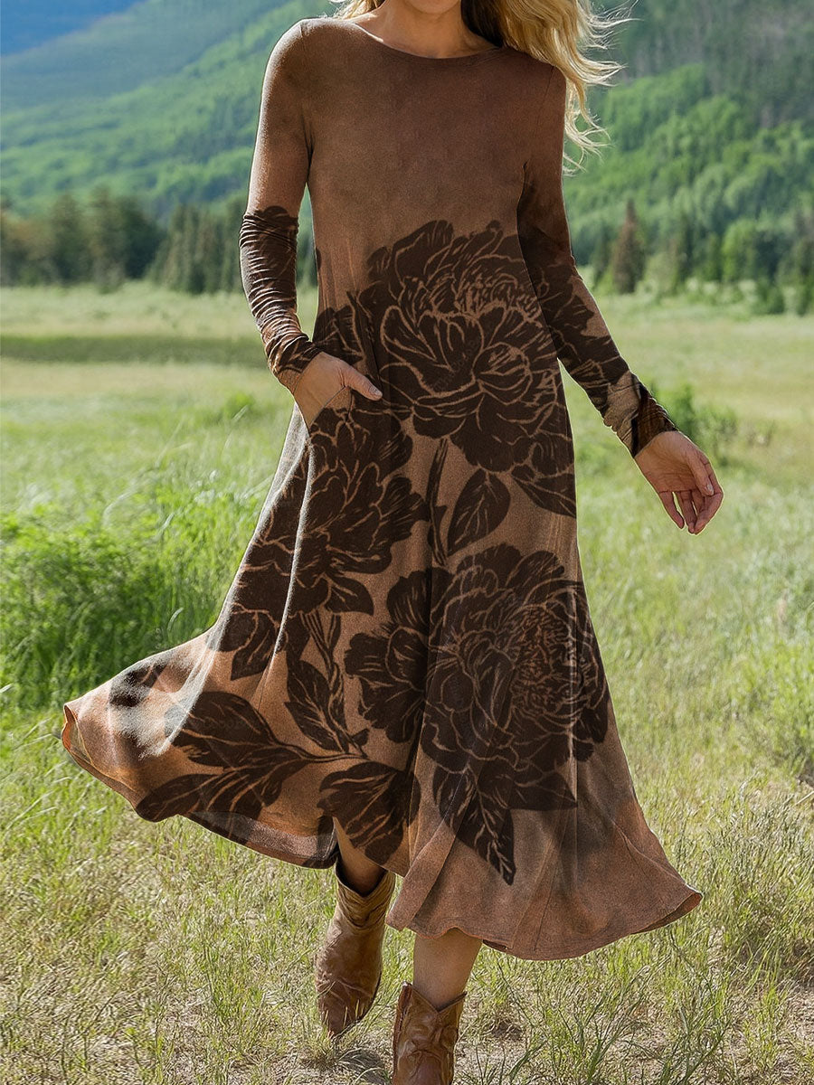 Women's Vintage Flower Art Print Long-sleeved Dress