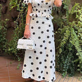 Women's Round Neck Short Sleeve Polka Dot Print Casual Cotton and Linen Elastic Waist Top High Waist Polka Dot Print Casual Cotton and Linen Skirt Set