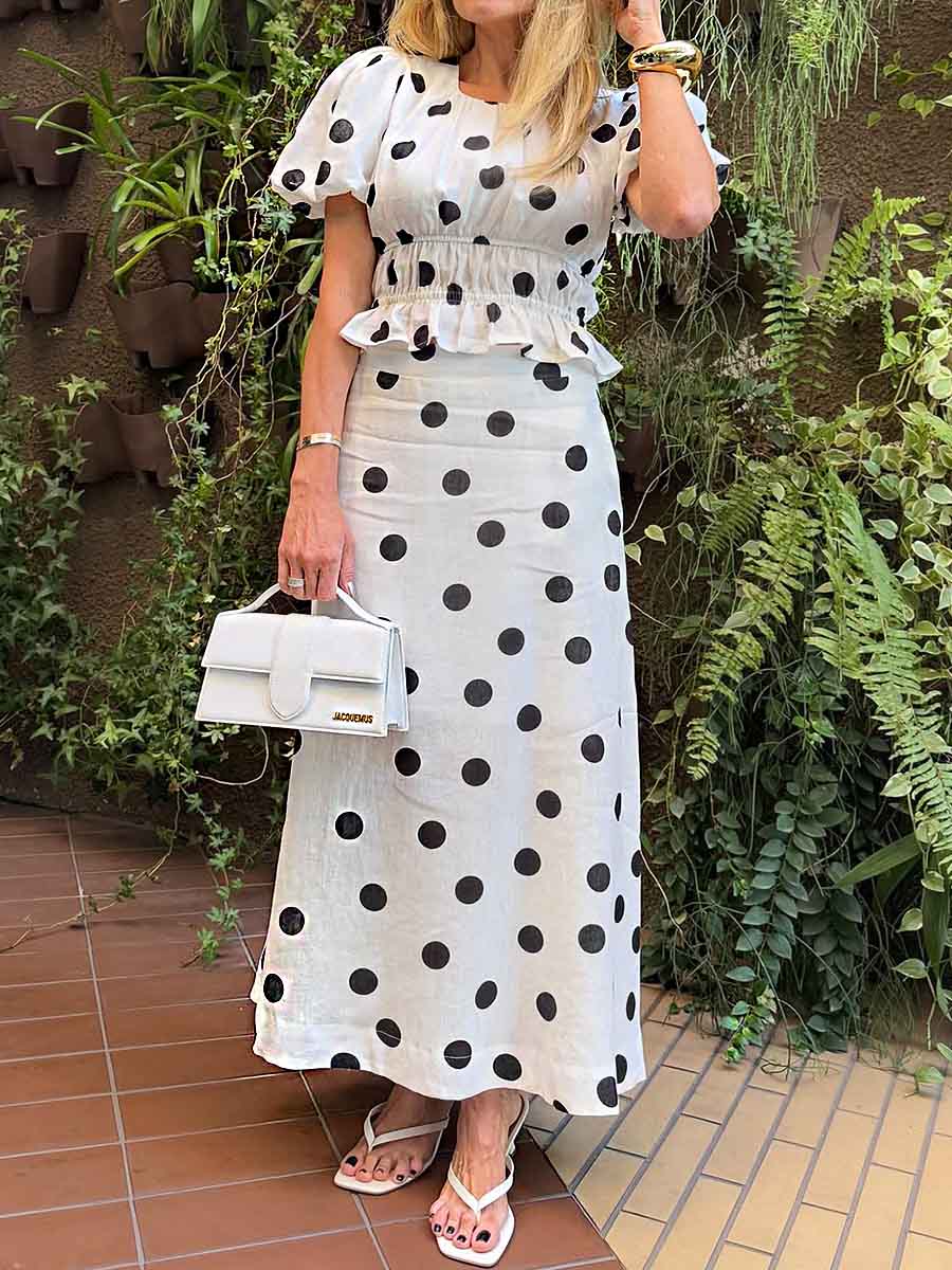 Women's Round Neck Short Sleeve Polka Dot Print Casual Cotton and Linen Elastic Waist Top High Waist Polka Dot Print Casual Cotton and Linen Skirt Set