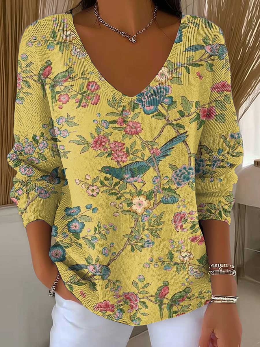 Women's Floral Birds Art Print Casual Pullover Sweater