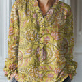 Women's Vintage Flower Art Print Casual Cotton And Linen Ruffle Shirt