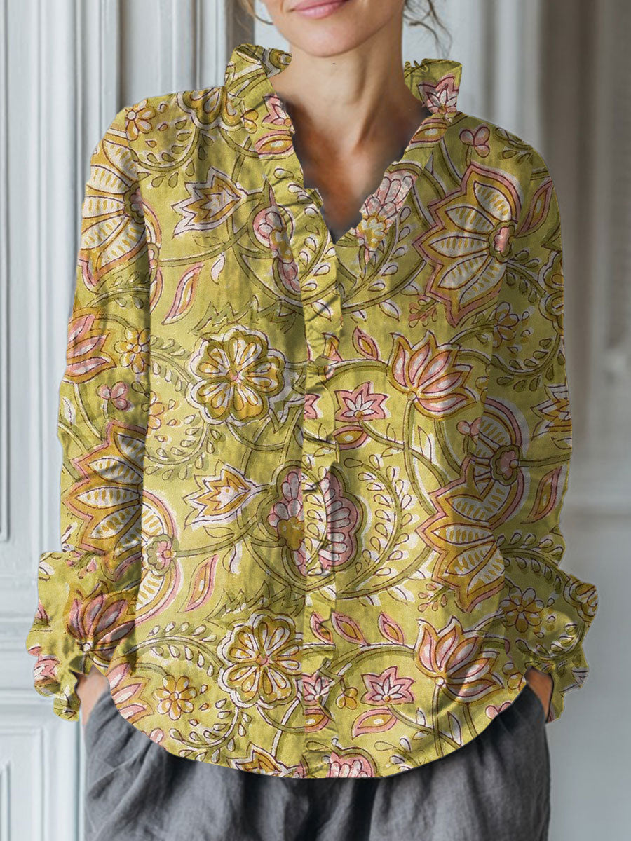 Women's Vintage Flower Art Print Casual Cotton And Linen Ruffle Shirt