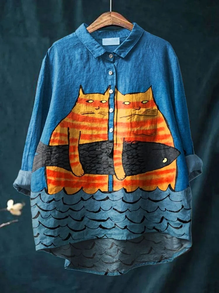 Women's Cat  Art Print Casual Cotton And Linen Shirt