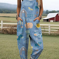 Women's Art Farm Fun Animals Print Casual 100% Cotton Wide Leg Jumpsuit