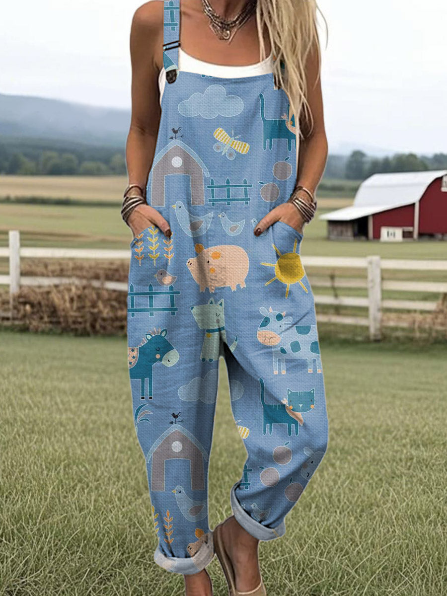 Women's Art Farm Fun Animals Print Casual 100% Cotton Wide Leg Jumpsuit